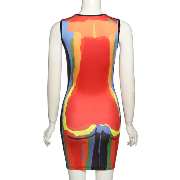 Fashion Personality 3D Printed Skirt Contrast Color Slim Fit Hip Dress