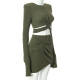 Sexy lace-up long-sleeved ladies suit with hip skirt two-piece set