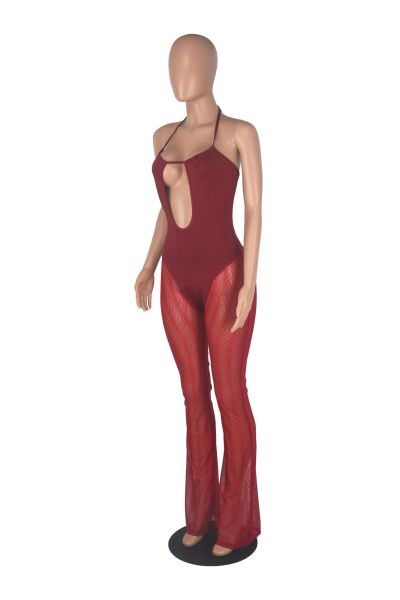 Mesh + milk silk nightclub halter neck perspective mesh sexy jumpsuit