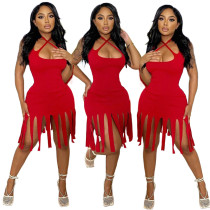 Fashionable and sexy solid color fringed suspender skirt Fashionable and sexy solid color fringed suspender skirt