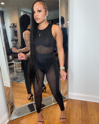 Sexy and fashionable straight wool stitching mesh two-piece set