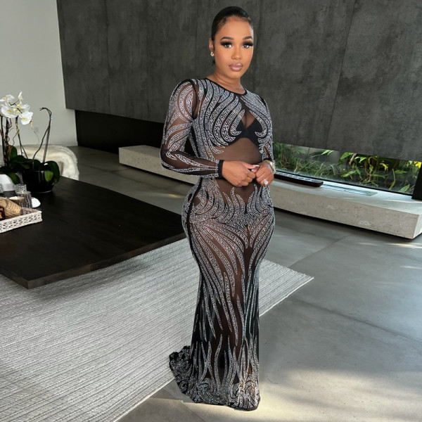 Mesh Hot Drilling Tight Perspective Long Evening Dress Women's Dresses
