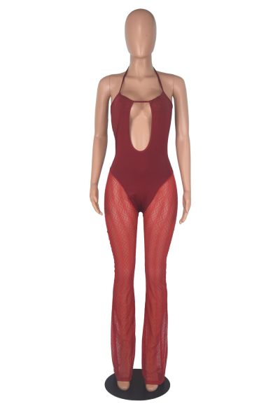 Mesh + milk silk nightclub halter neck perspective mesh sexy jumpsuit