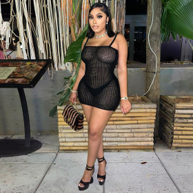 Fashion Sexy Sling Mesh See-Through Hip Dress
