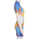 Fashion Multicolor Printing and Dyeing Short Sleeve Slim Fit Hip Dress