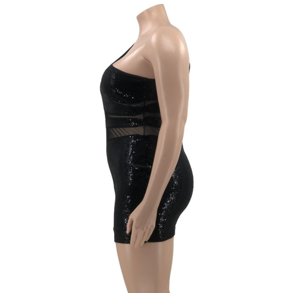 Sequin stitching mesh see-through tight sexy plus size women's dress