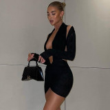 Solid color long-sleeved V-neck halterneck pleated new dress