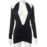 Solid color long-sleeved V-neck halterneck pleated new dress
