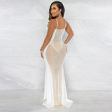 Mesh hot and diamond sling deep V perspective evening dress women's dress