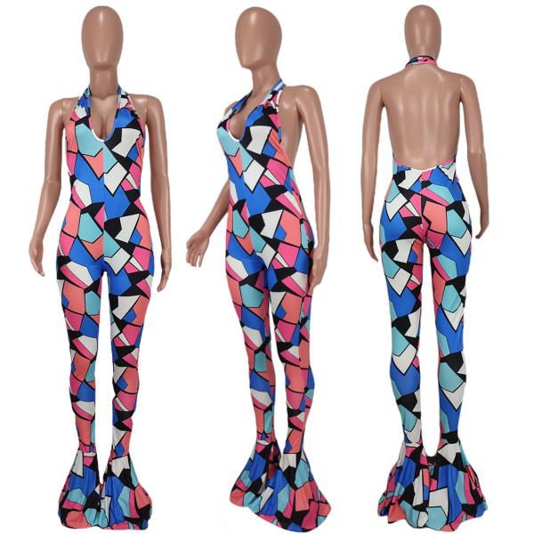 Sexy Fashion Print Open Back Wide Leg Jumpsuit