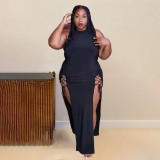 Temperament High Waist Hollow Lace Up Long Oversized Dress