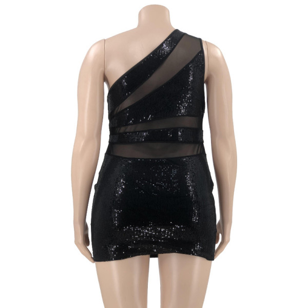 Sequin stitching mesh see-through tight sexy plus size women's dress