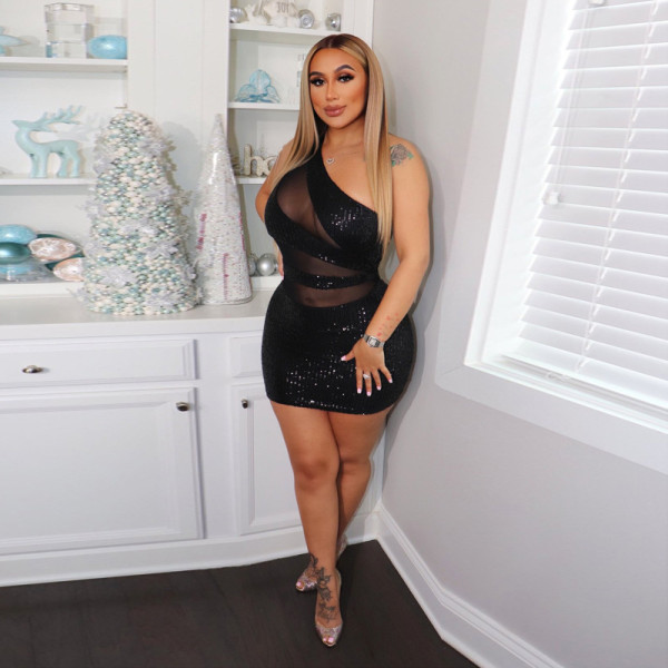Sequin stitching mesh see-through tight sexy plus size women's dress