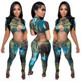 Multicolor Print Cutout Top Stretch Pants Set