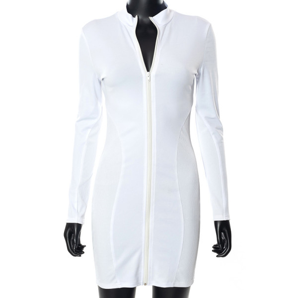 Sexy stand-up collar long-sleeved stitching package hip dress