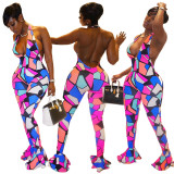Sexy Fashion Print Open Back Wide Leg Jumpsuit