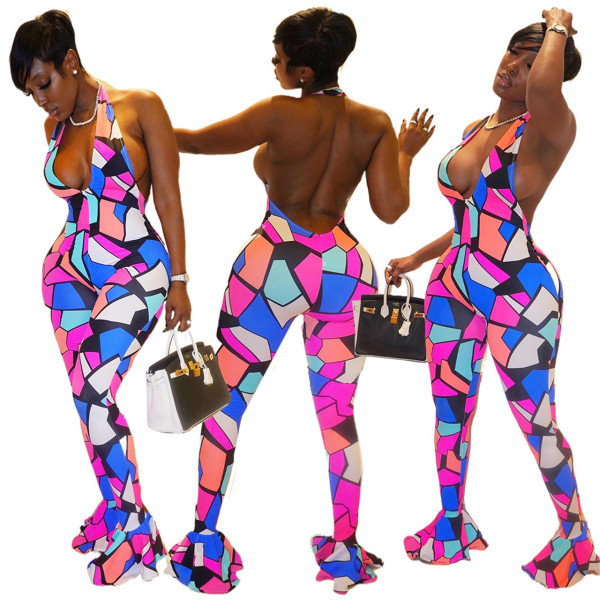 Sexy Fashion Print Open Back Wide Leg Jumpsuit