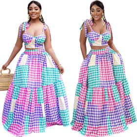 Fashion long skirt suit wrap chest vest large swing skirt