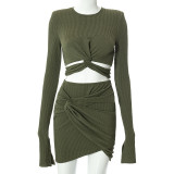 Sexy lace-up long-sleeved ladies suit with hip skirt two-piece set