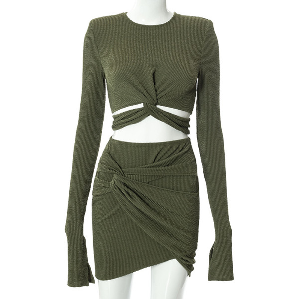 Sexy lace-up long-sleeved ladies suit with hip skirt two-piece set