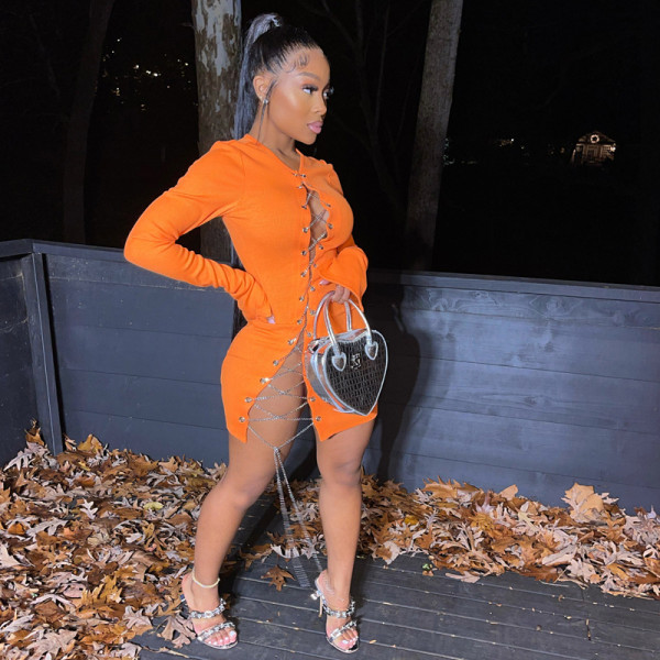 Chain Tie Hollow Out Fashion Sexy Tight Women's Dress