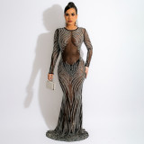 Mesh Hot Drilling Tight Perspective Long Evening Dress Women's Dresses