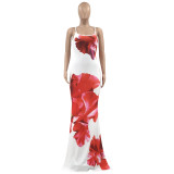 Dress red flower print open back slit maxi dress