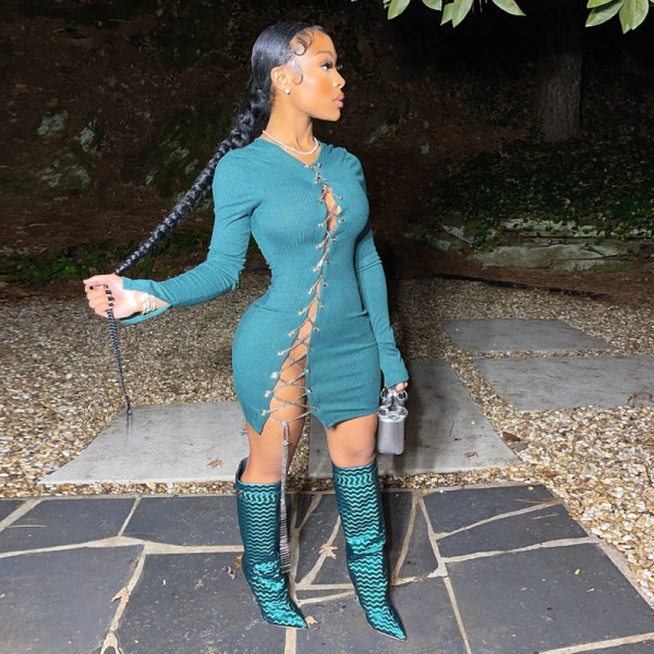 Chain Tie Hollow Out Fashion Sexy Tight Women's Dress