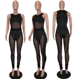 Sexy and fashionable straight wool stitching mesh two-piece set