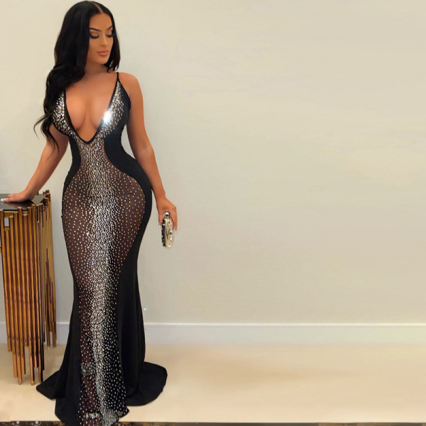 Mesh hot and diamond sling deep V perspective evening dress women's dress