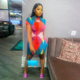 Fashion Multicolor Printing and Dyeing Short Sleeve Slim Fit Hip Dress