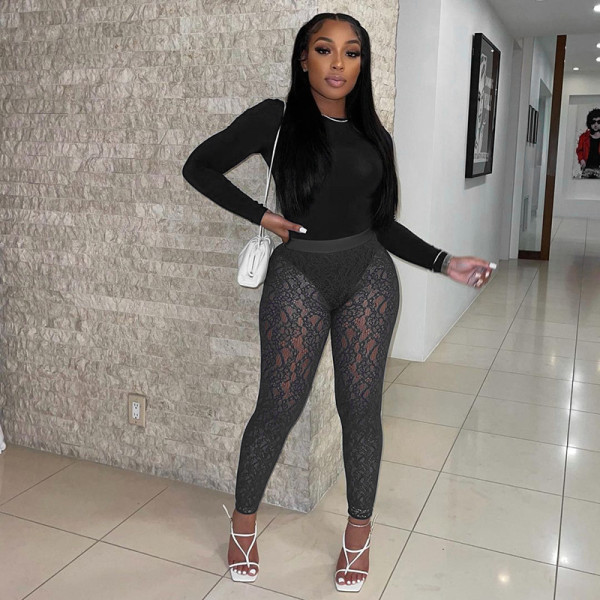 Sexy Perspective Lace High Waist Hip Raise Thin Sports Casual Pants