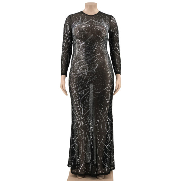 Perspective Mesh Hot Diamond Long Evening Dress Women's Dresses