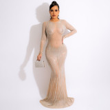 Mesh Hot Drilling Tight Perspective Long Evening Dress Women's Dresses