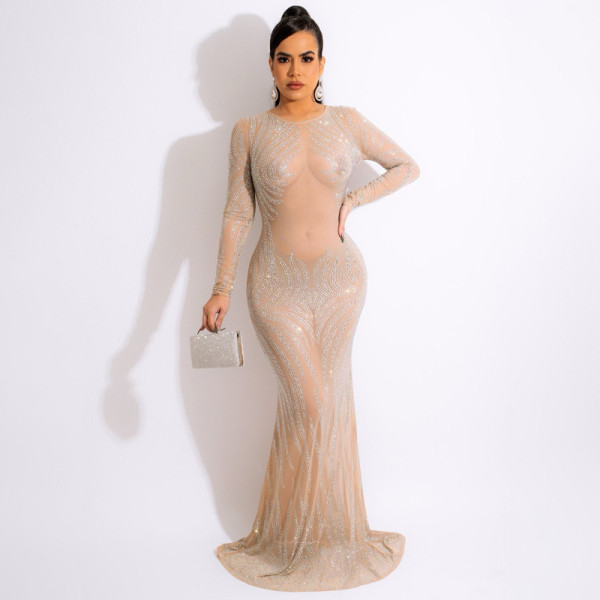 Mesh Hot Drilling Tight Perspective Long Evening Dress Women's Dresses