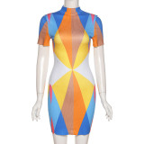 Fashion Multicolor Printing and Dyeing Short Sleeve Slim Fit Hip Dress
