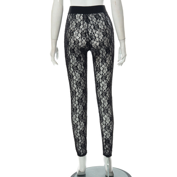 Sexy Perspective Lace High Waist Hip Raise Thin Sports Casual Pants