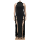 Temperament High Waist Hollow Lace Up Long Oversized Dress