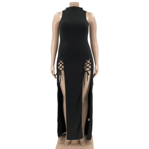 Temperament High Waist Hollow Lace Up Long Oversized Dress
