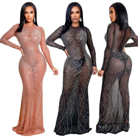 Perspective Mesh Hot Diamond Long Evening Dress Women's Dresses
