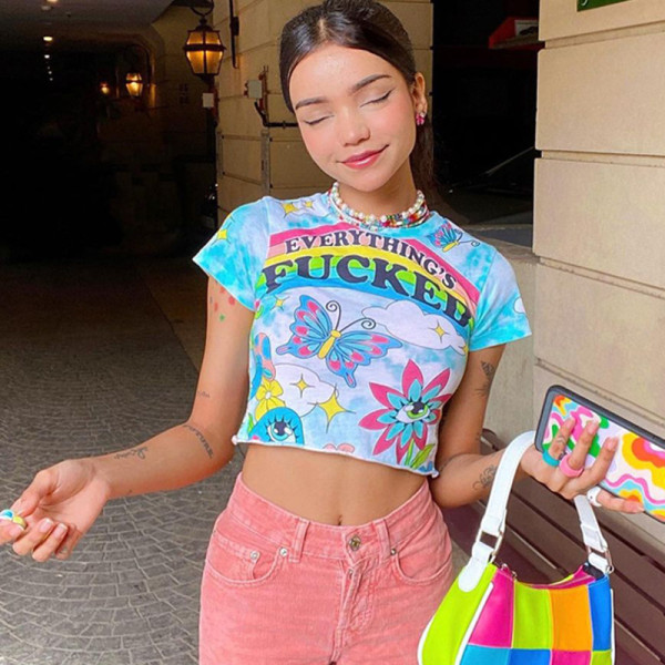 Fashion Print Crew Neck Slim Fit Cropped Navel T-Shirt