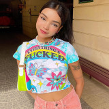 Fashion Print Crew Neck Slim Fit Cropped Navel T-Shirt