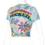 Fashion Print Crew Neck Slim Fit Cropped Navel T-Shirt