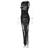 Fashion Sexy Round Neck Slim Hollow Slit Sleeveless Dress