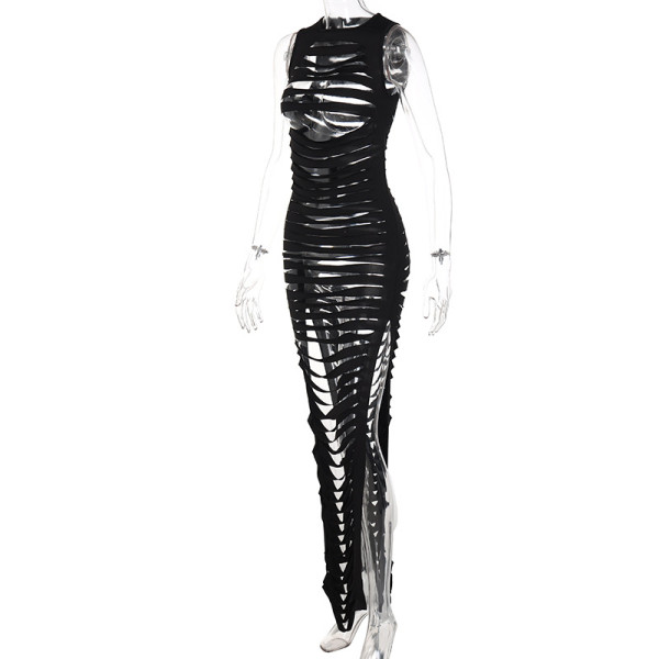 Fashion Sexy Round Neck Slim Hollow Slit Sleeveless Dress