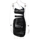 Fashion Sling Strapless Faux Leather Side Cutout Ruched Dress