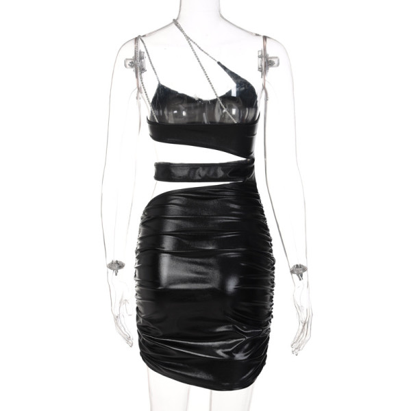 Fashion Sling Strapless Faux Leather Side Cutout Ruched Dress