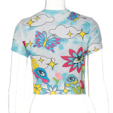Fashion Print Crew Neck Slim Fit Cropped Navel T-Shirt