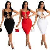Sexy suspenders hollow zipper fashion hip dress with careful design