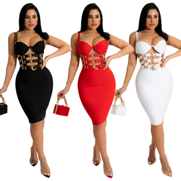 Sexy suspenders hollow zipper fashion hip dress with careful design